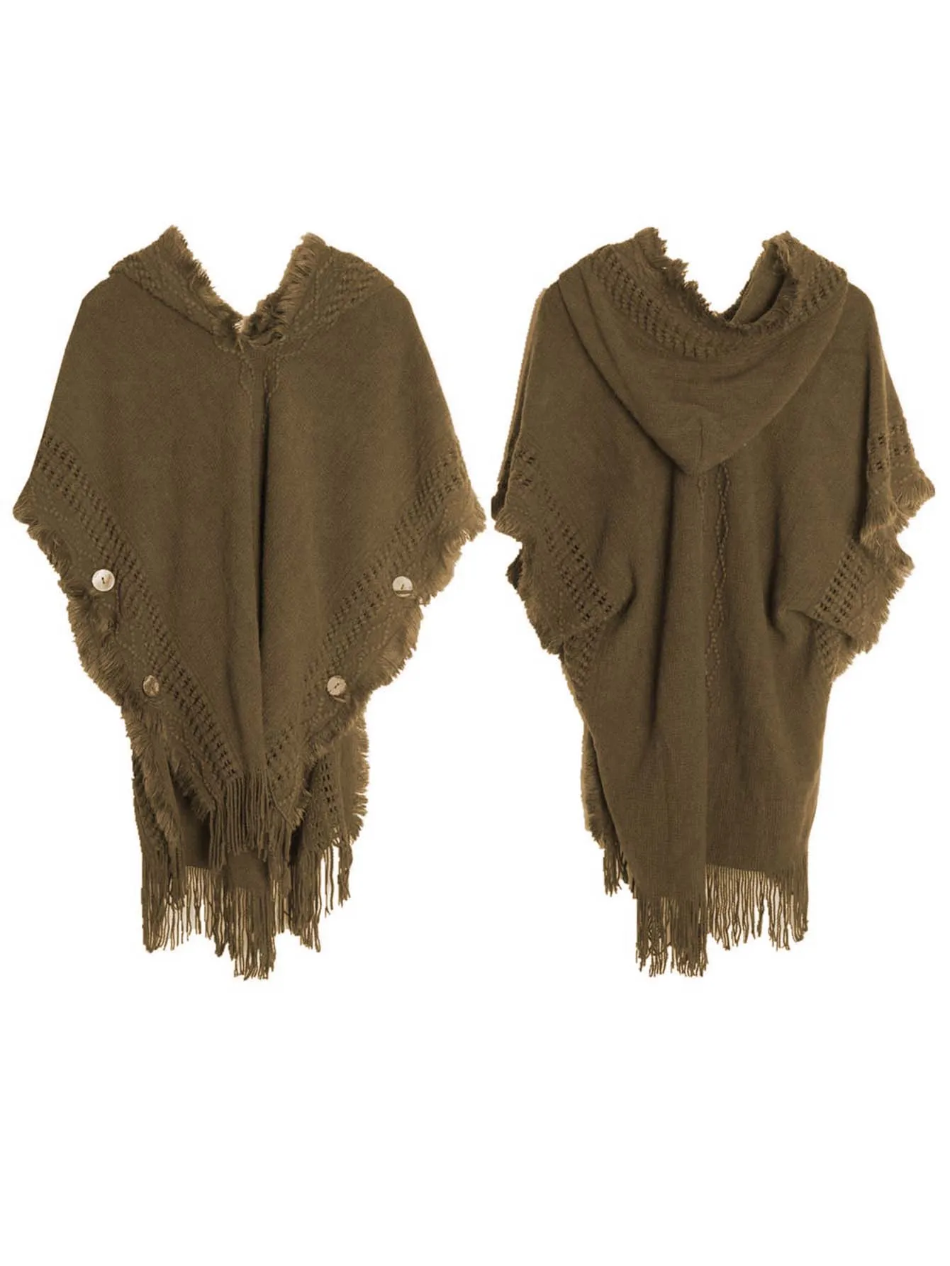 1pc Oversized Knit Poncho Cape With Hood And Buttons - Brown - FD ⚡