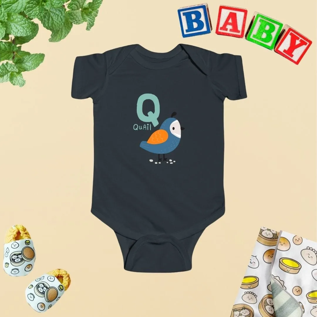 Animal Alphabet - Q for Quail Baby Bodysuit - Unisex Graphic Bodysuit for Babies