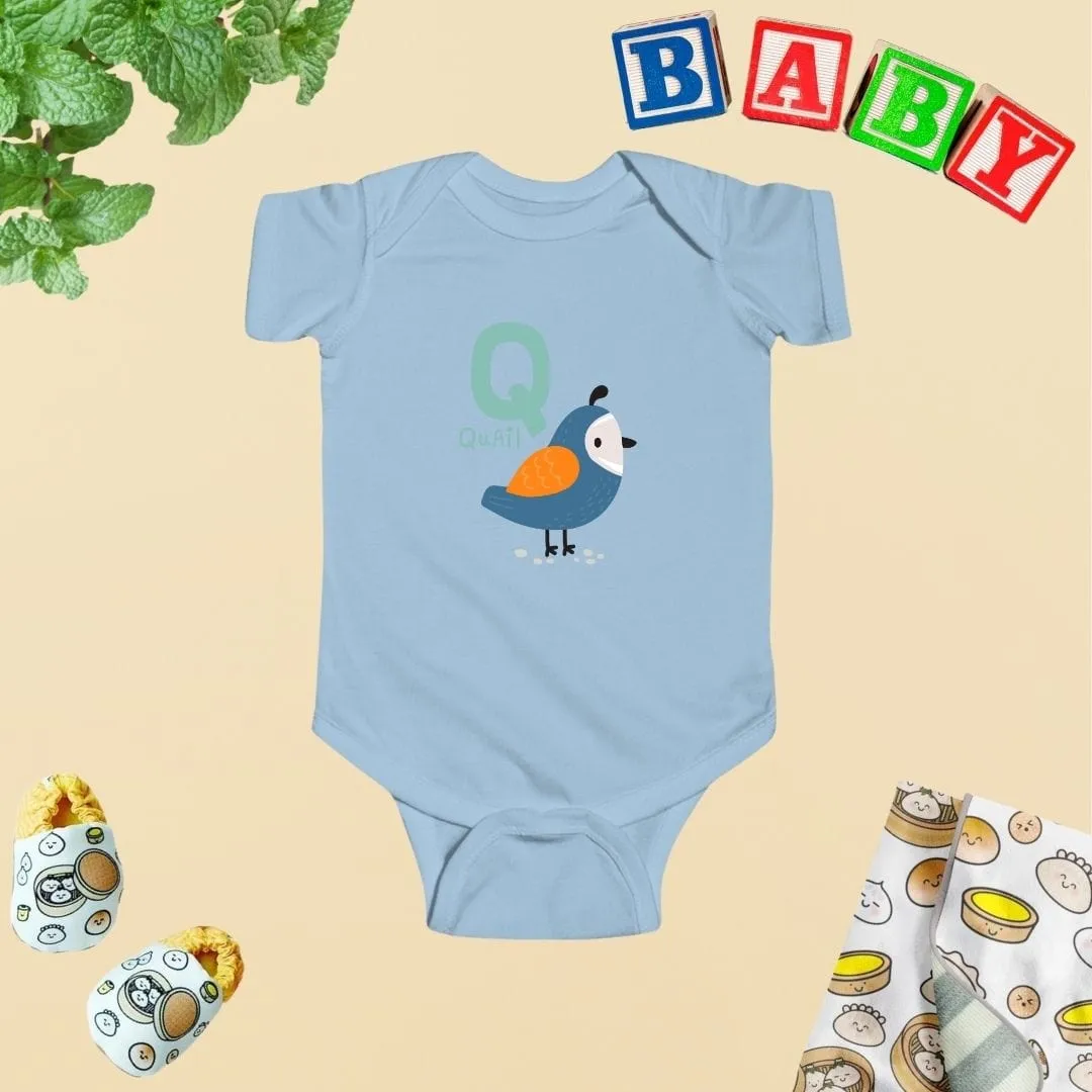 Animal Alphabet - Q for Quail Baby Bodysuit - Unisex Graphic Bodysuit for Babies