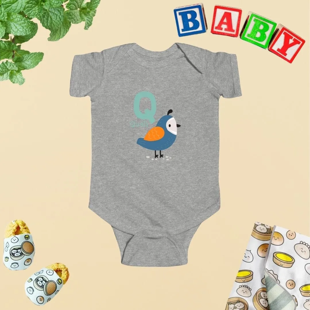 Animal Alphabet - Q for Quail Baby Bodysuit - Unisex Graphic Bodysuit for Babies