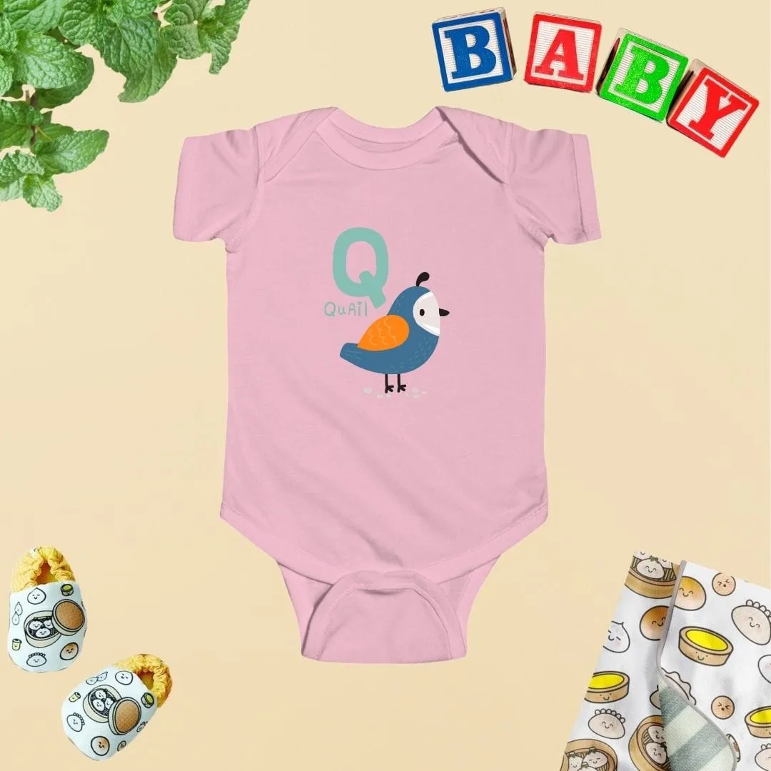 Animal Alphabet - Q for Quail Baby Bodysuit - Unisex Graphic Bodysuit for Babies