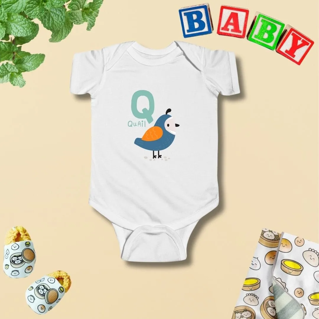 Animal Alphabet - Q for Quail Baby Bodysuit - Unisex Graphic Bodysuit for Babies