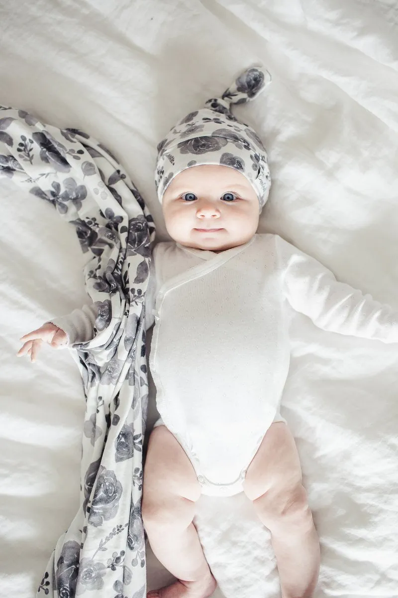 Baby Top Knot Hat | Grey Floral