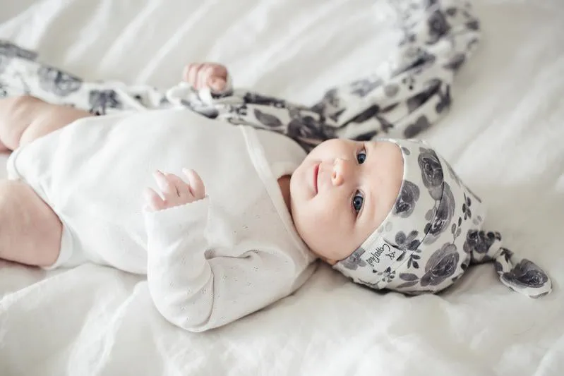 Baby Top Knot Hat | Grey Floral