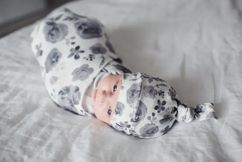 Baby Top Knot Hat | Grey Floral