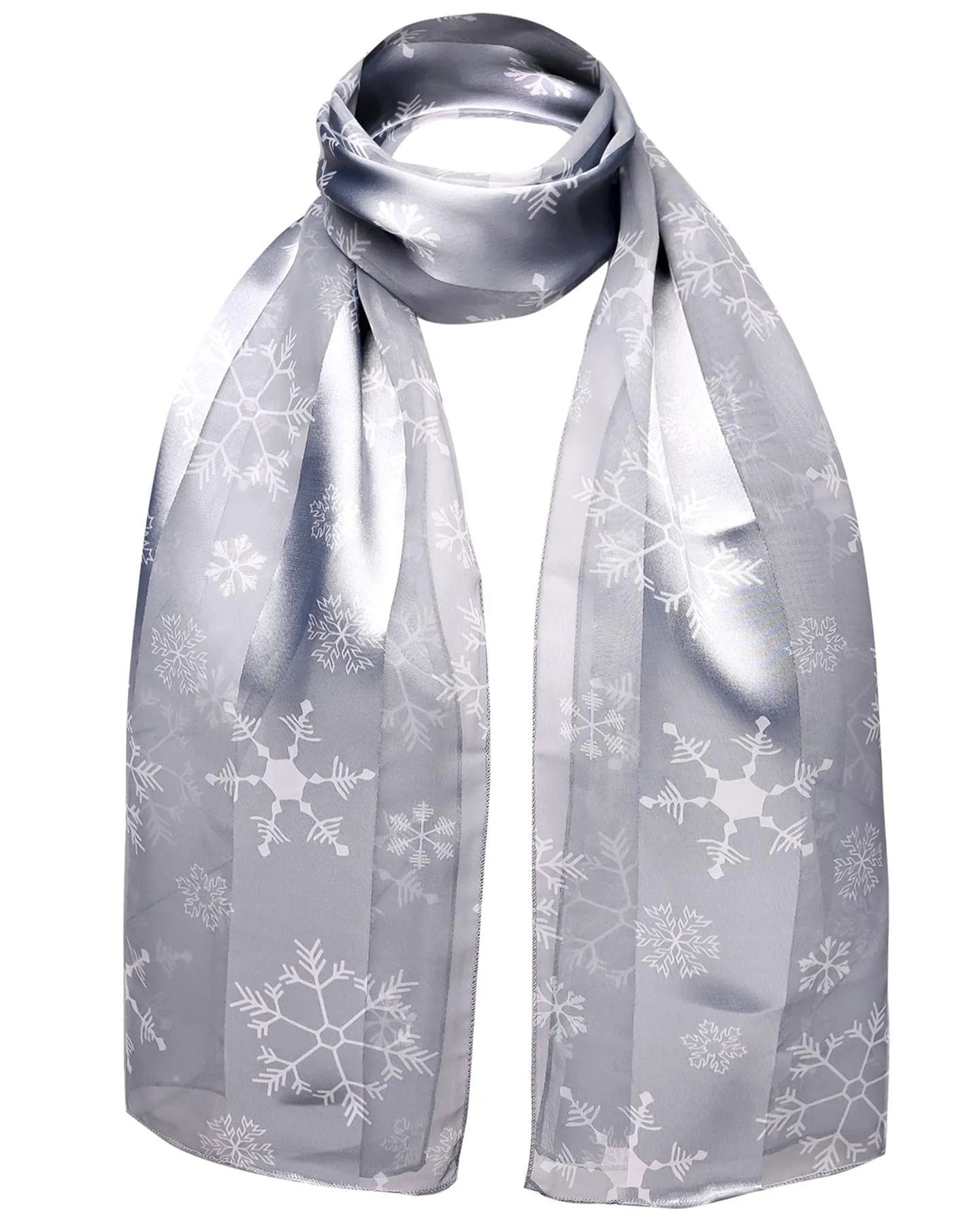 BasicSense Christmas Neck Scarf Satin Reindeer Gingerbread Santa Claus Poinsettia Snow Winter Snowflake Print Xmas Scarves Snowflake - Silver Grey