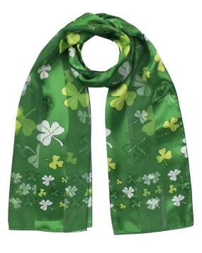 BasicSense Unisex Lightweight Shiny Silky Celtic Irish Green Shamrock, Luck Clover Satin Stripe Oblong Scarves, St. Patrick Day Big Leaves Green