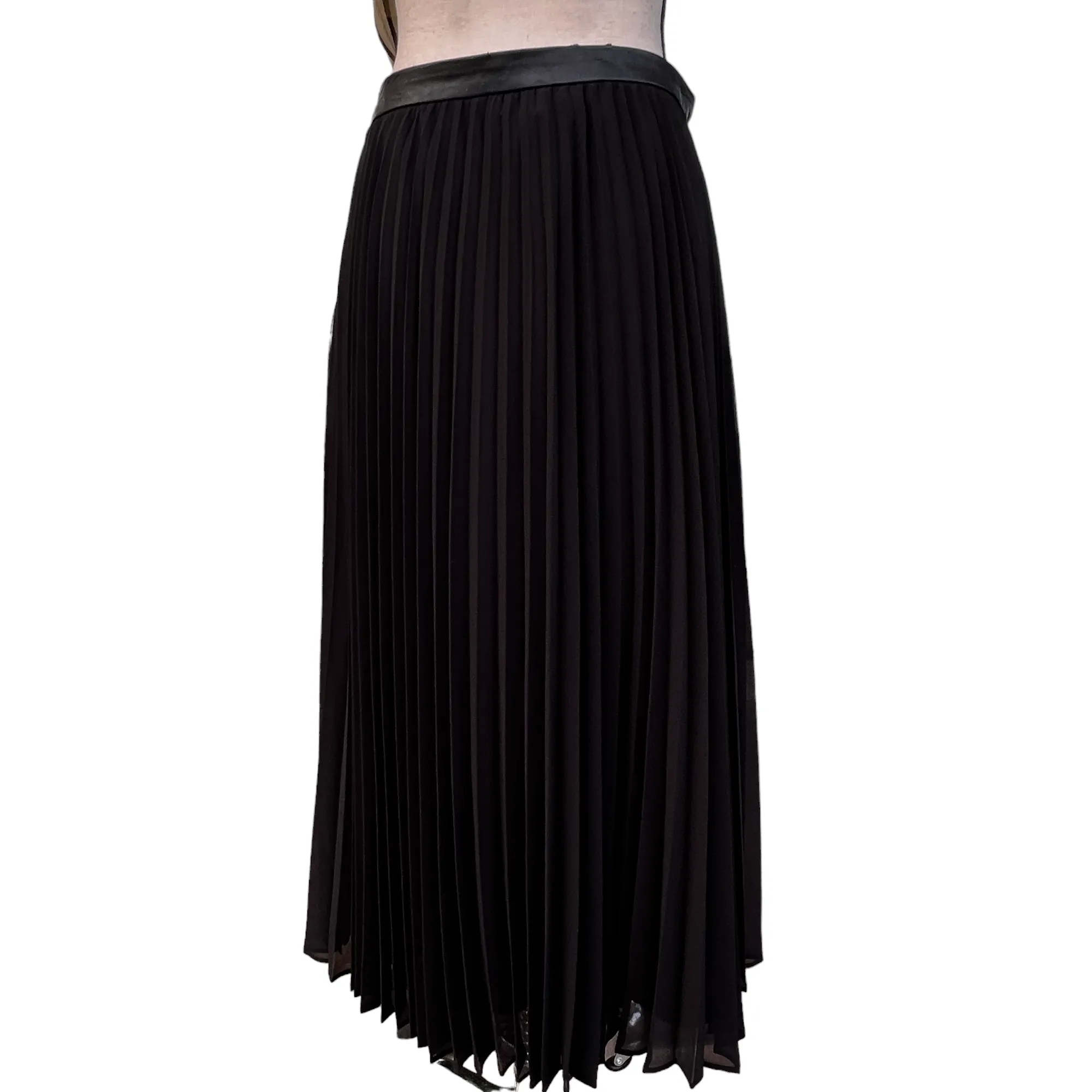 Black Chiffon Pleated Women Skirt Faux Leather Size 8