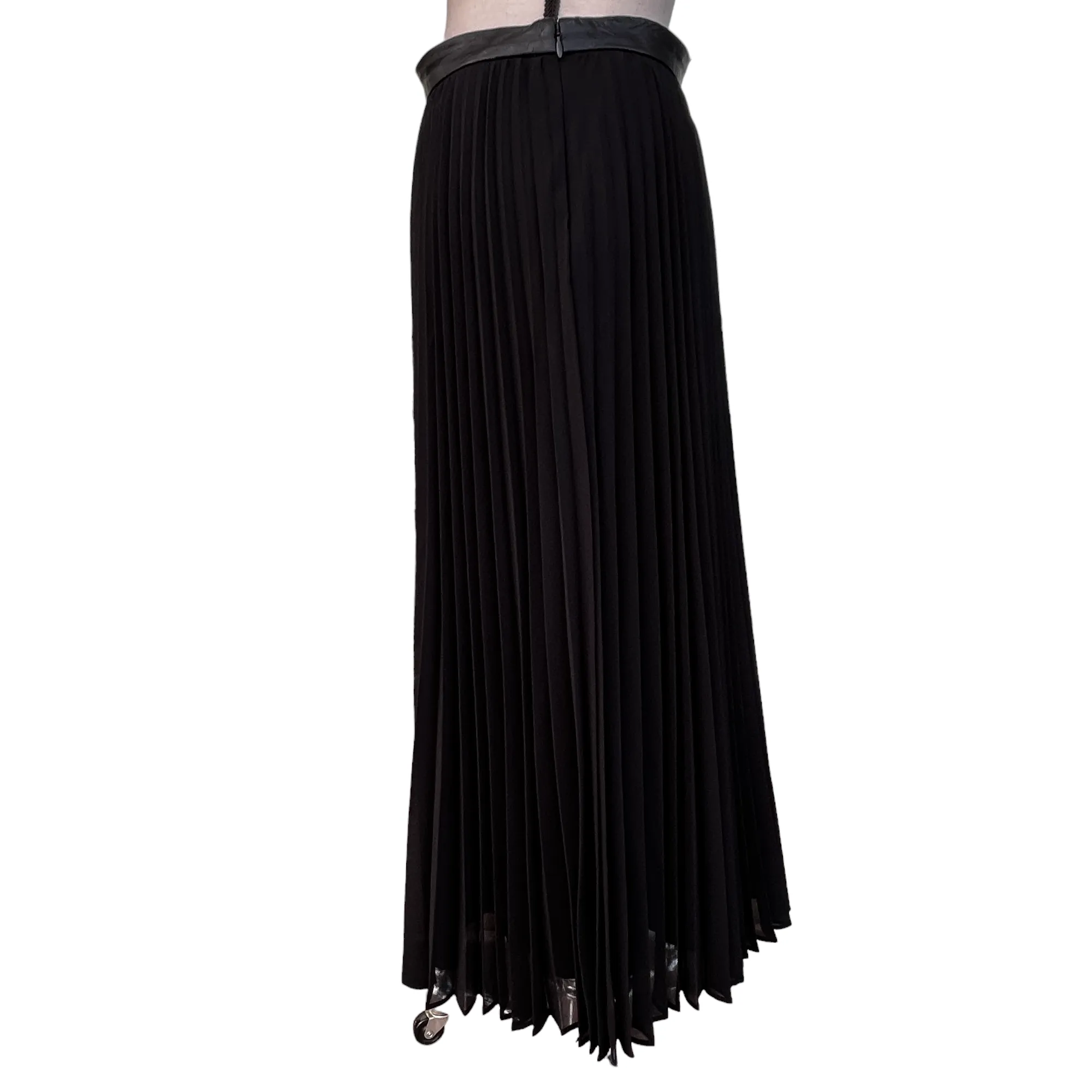 Black Chiffon Pleated Women Skirt Faux Leather Size 8