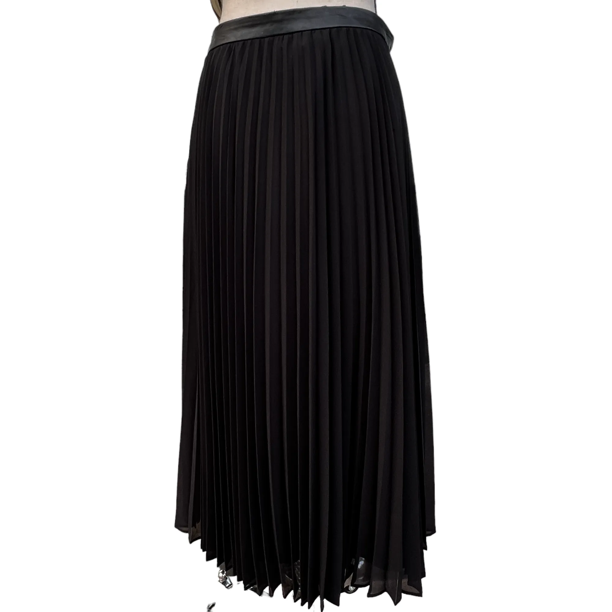 Black Chiffon Pleated Women Skirt Faux Leather Size 8