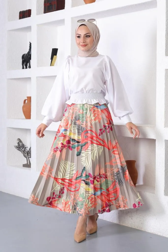 BNG Women Patterned Hijab Pleated Skirt Çağla - Clermont