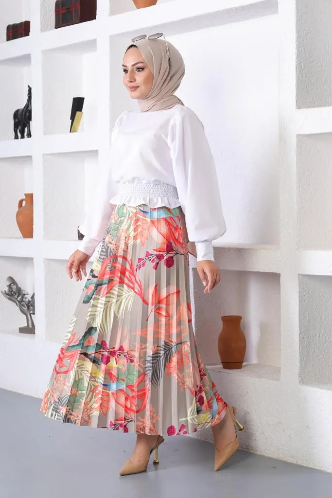 BNG Women Patterned Hijab Pleated Skirt Çağla - Clermont
