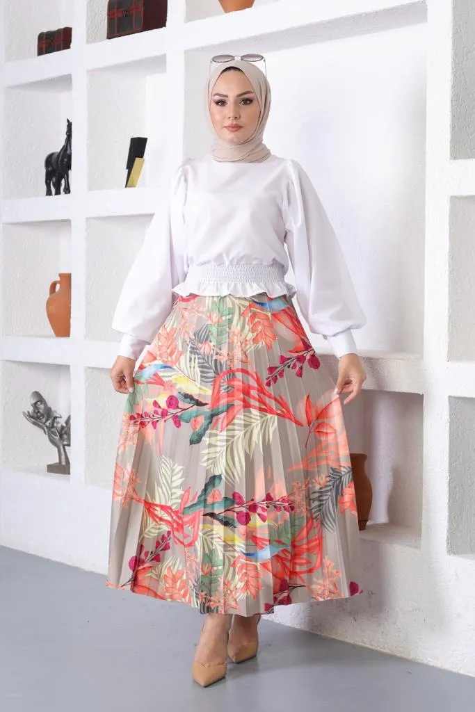 BNG Women Patterned Hijab Pleated Skirt Çağla - Clermont