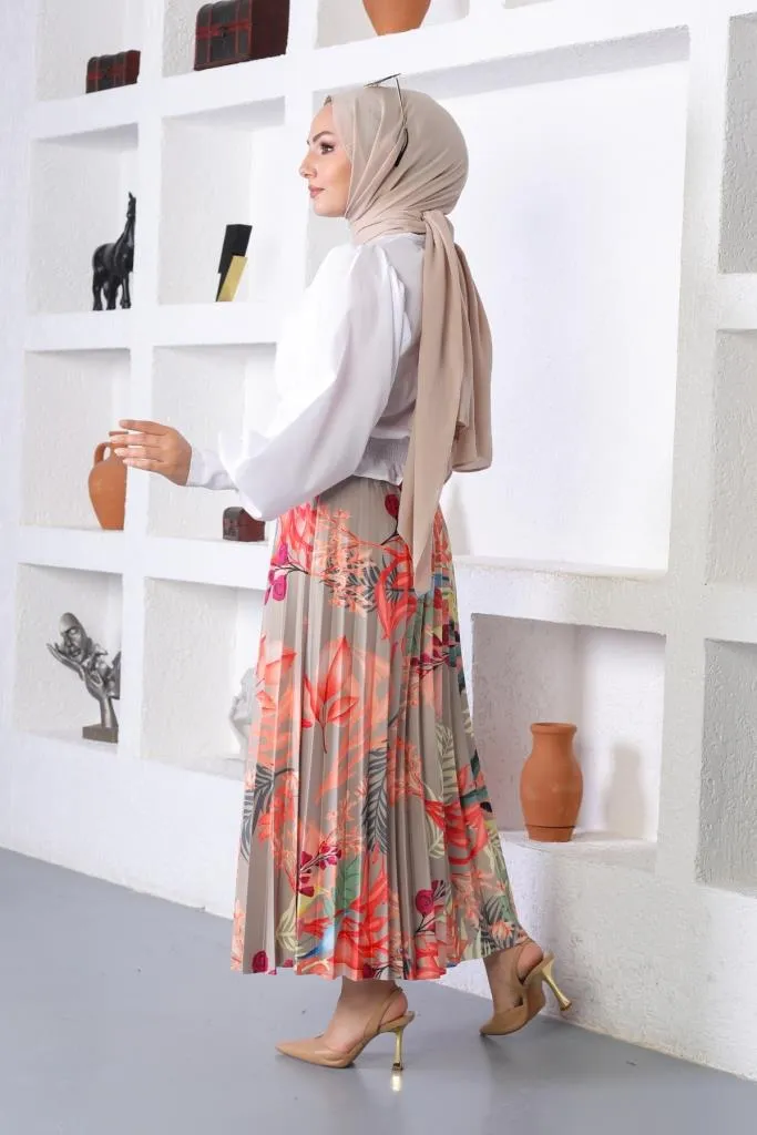BNG Women Patterned Hijab Pleated Skirt Çağla - Clermont