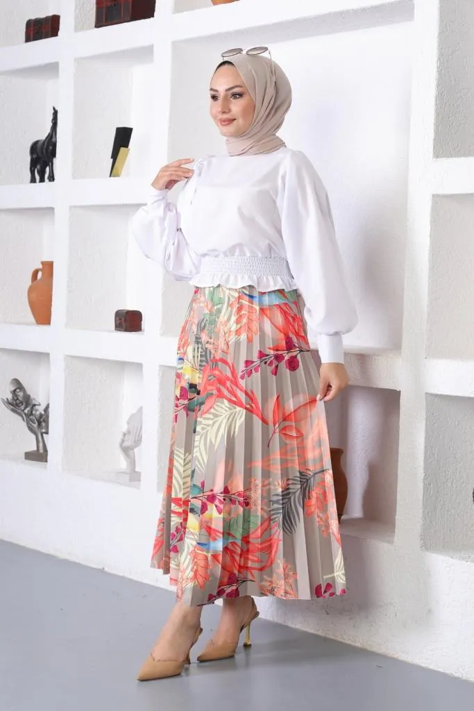 BNG Women Patterned Hijab Pleated Skirt Çağla - Clermont