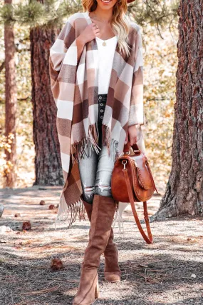 Brown Checkered Print Fringe Hem Poncho Cardigan