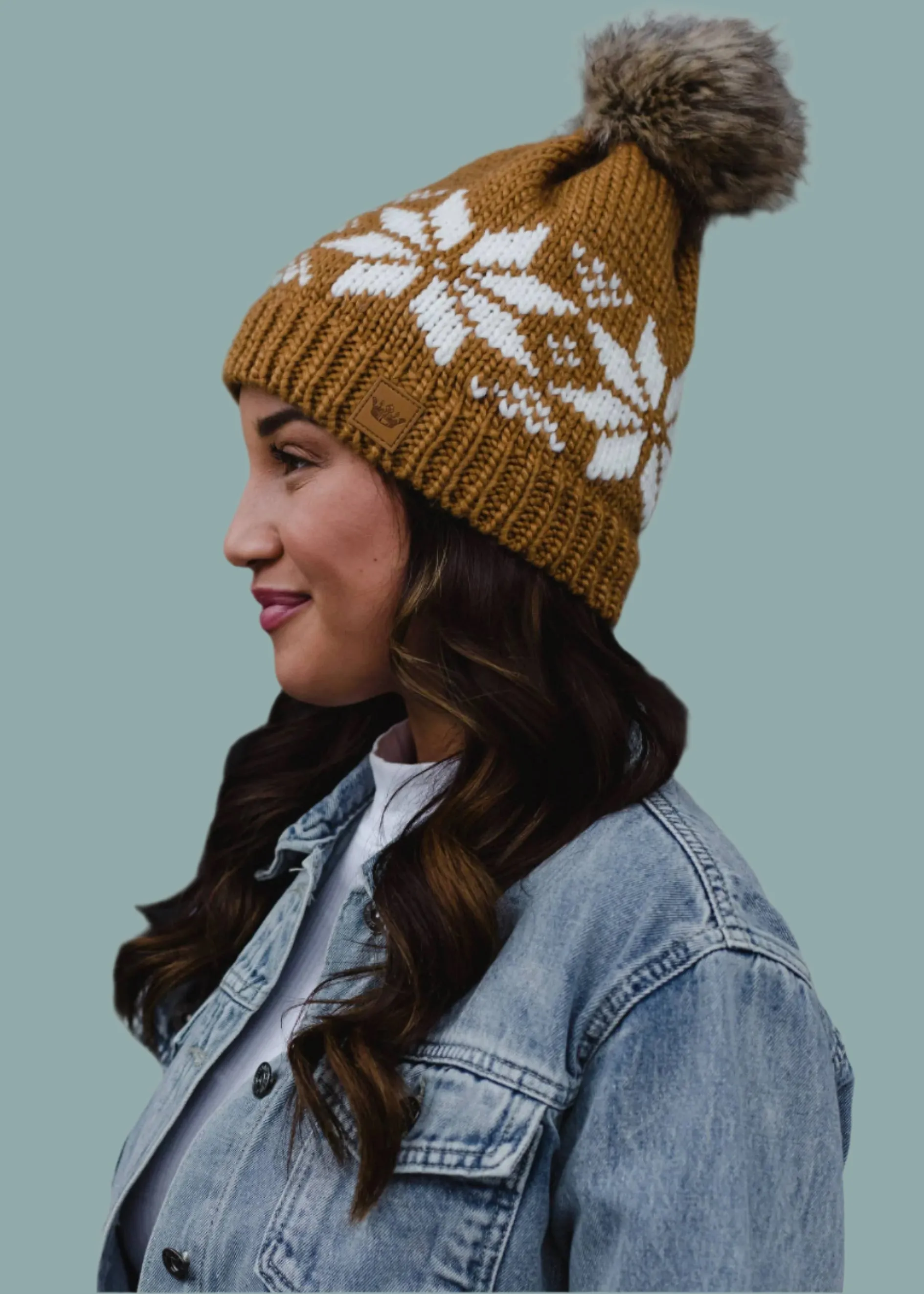 Camel & White Snowflake Pom Hat