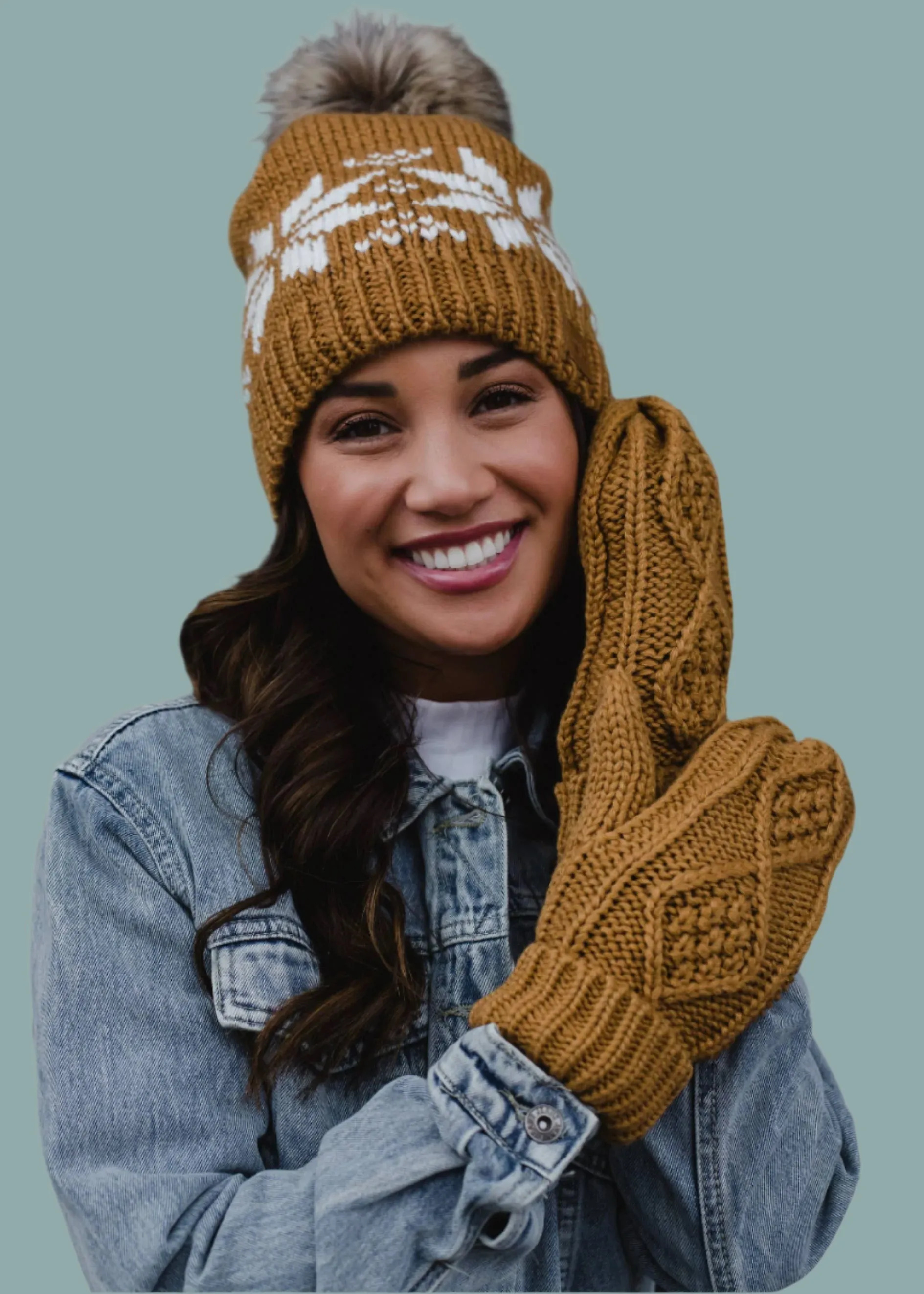 Camel & White Snowflake Pom Hat