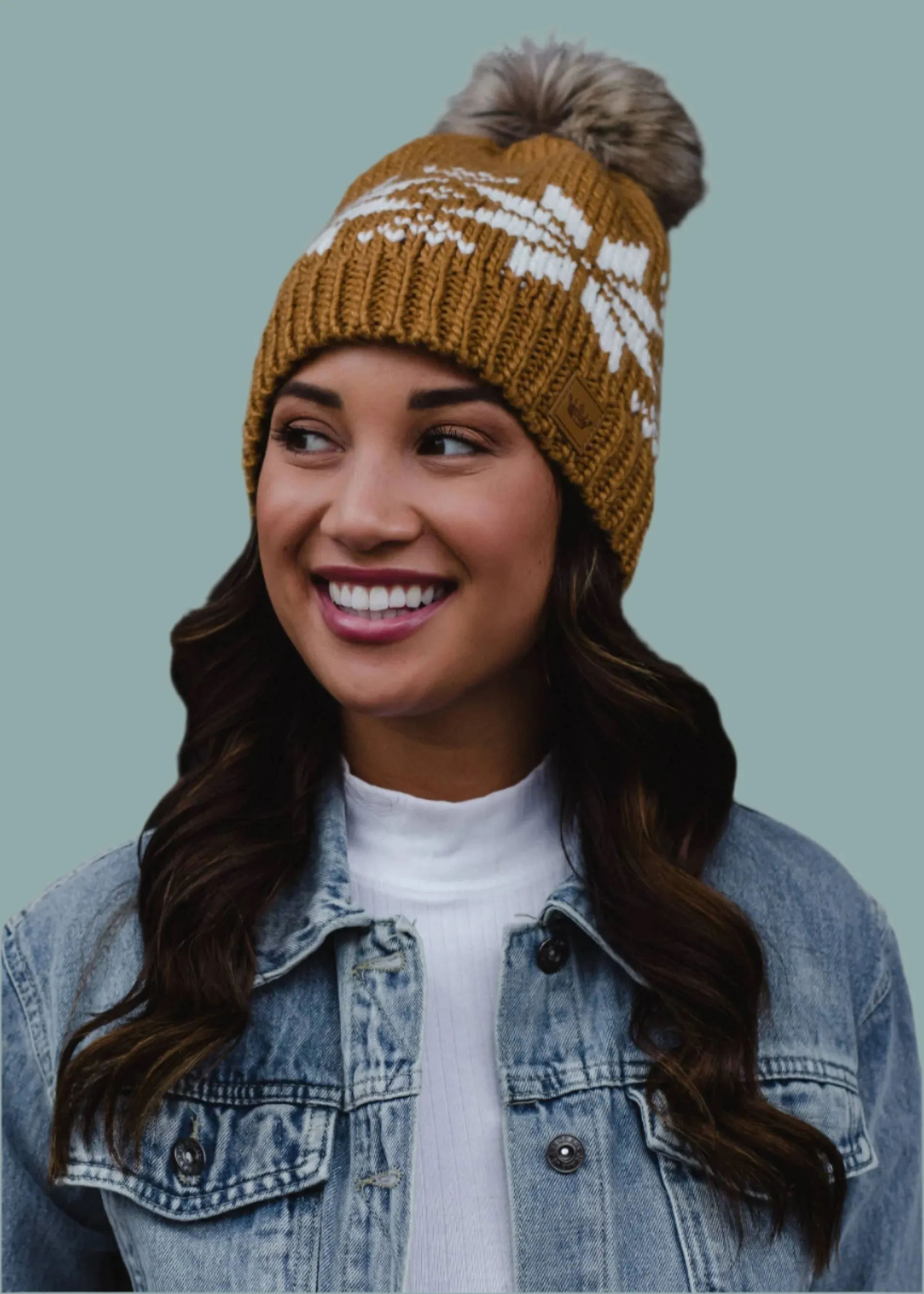 Camel & White Snowflake Pom Hat