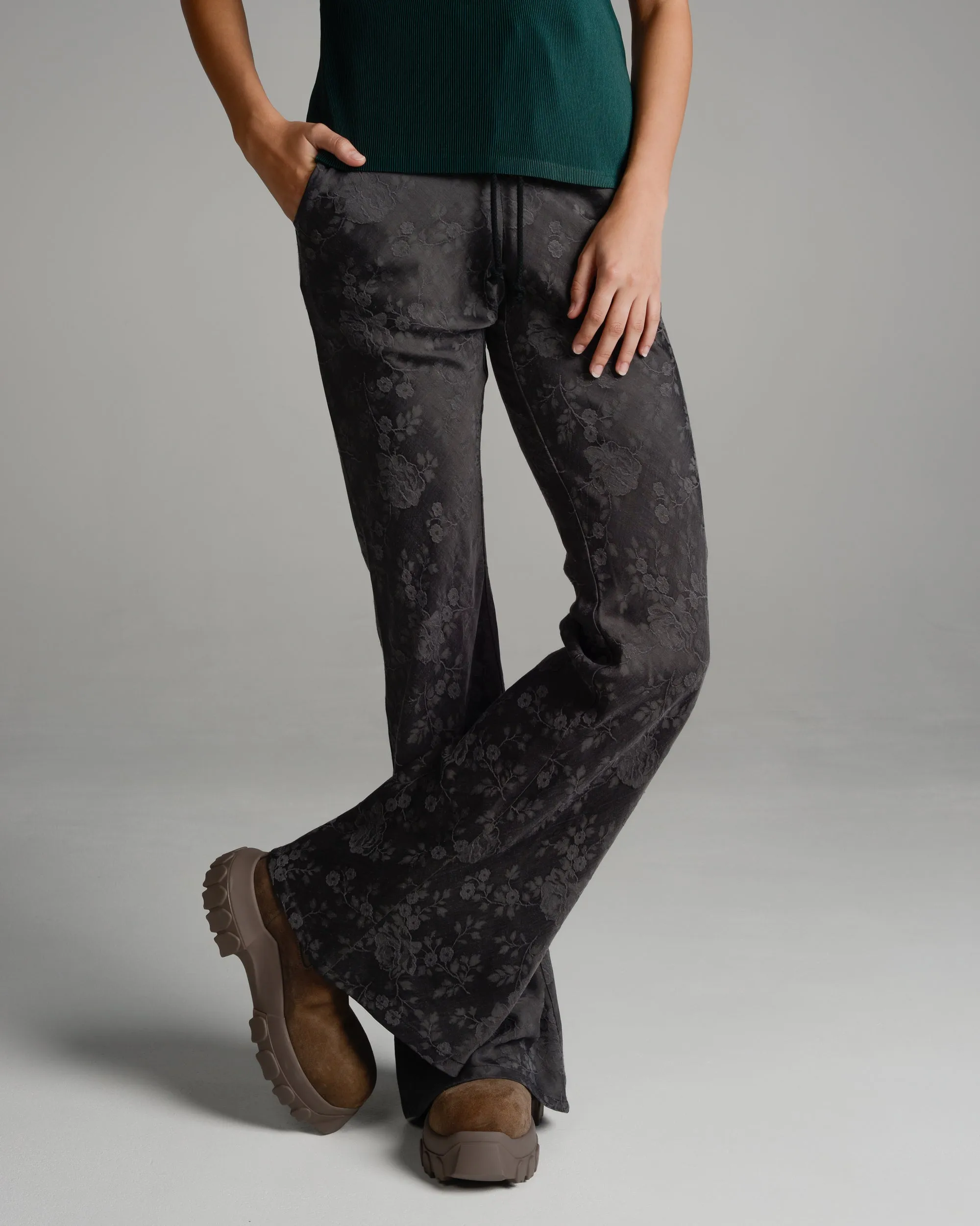 Charcoal Antique Floral Bias Flared Pants