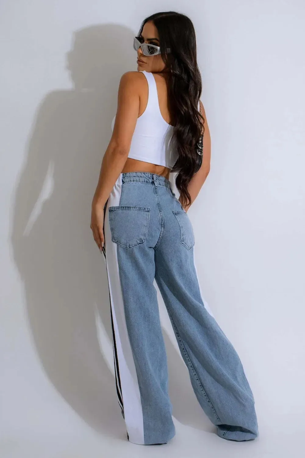 Contrast Side Striped Wide Leg Jeans