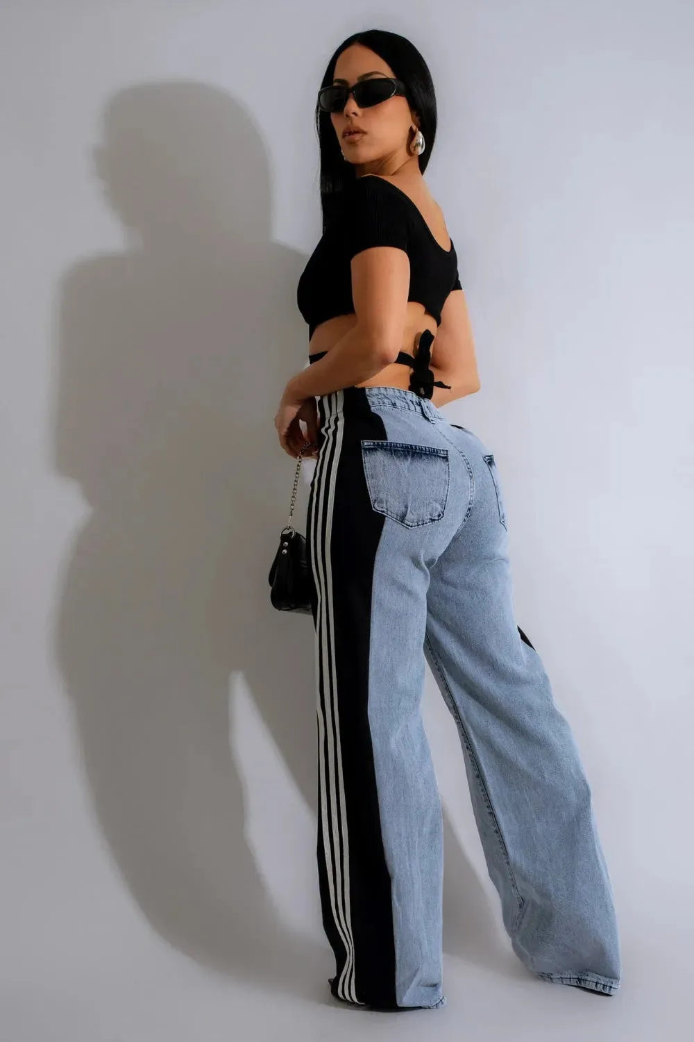 Contrast Side Striped Wide Leg Jeans