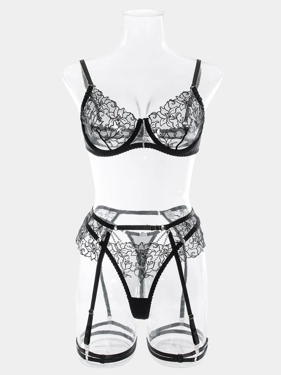 Embroidered Chain Lingerie Three-piece Set MSL045