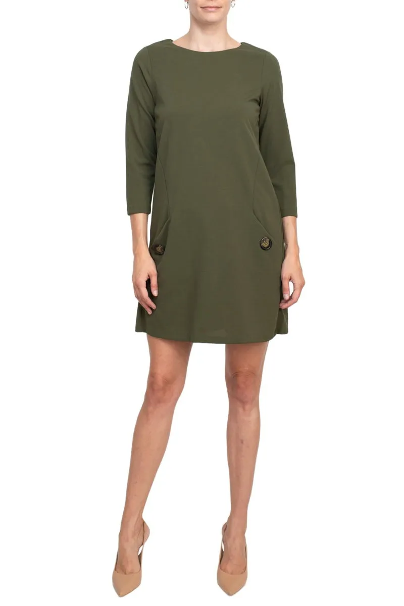 Emma & Michele Crew Neck 3/4 Sleeve Pockets Button Detail Crepe Dress