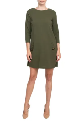 Emma & Michele Crew Neck 3/4 Sleeve Pockets Button Detail Crepe Dress