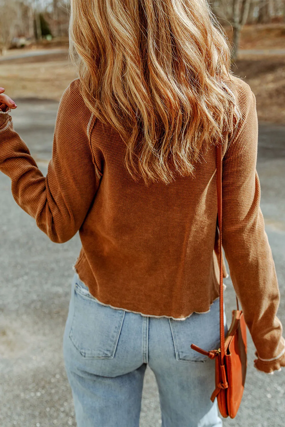 Exposed Seam Textured Pullover Long Sleeve Top
