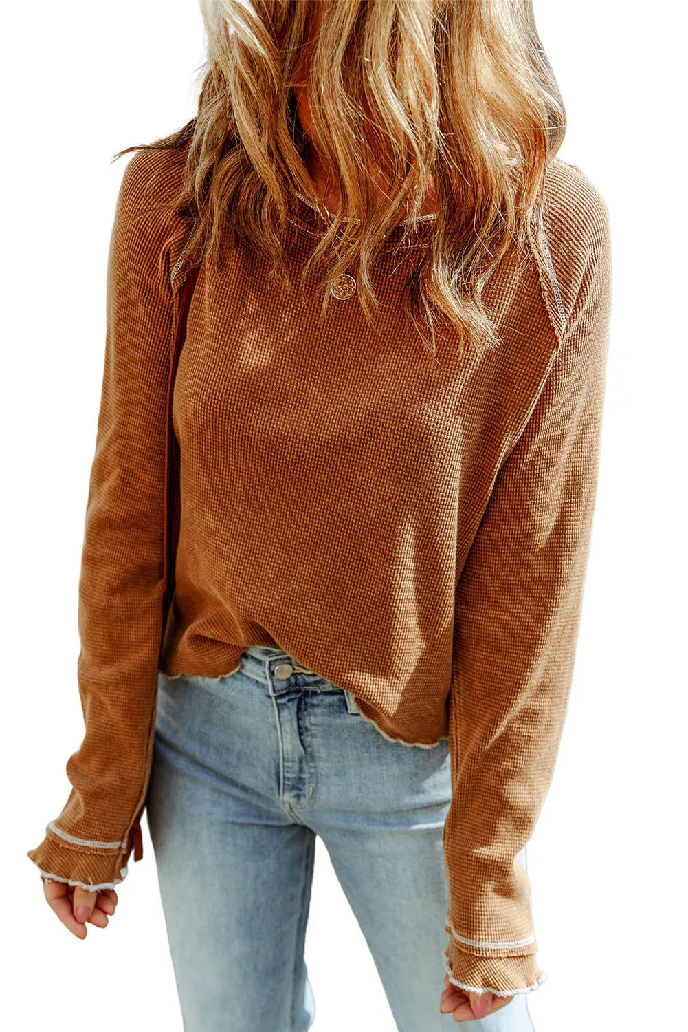 Exposed Seam Textured Pullover Long Sleeve Top