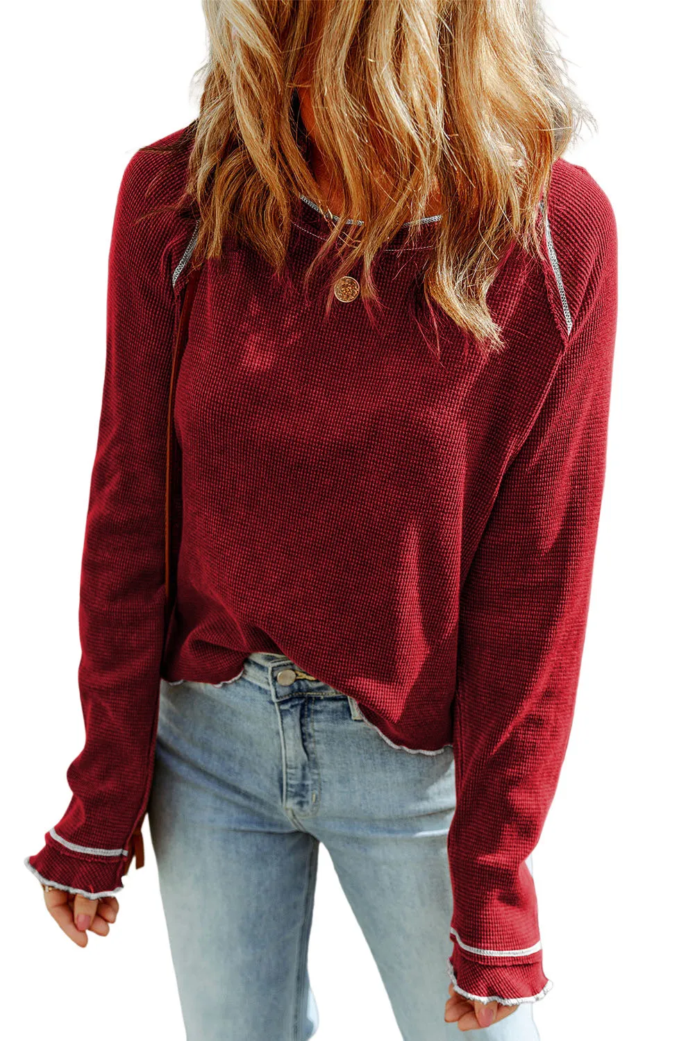 Exposed Seam Textured Pullover Long Sleeve Top