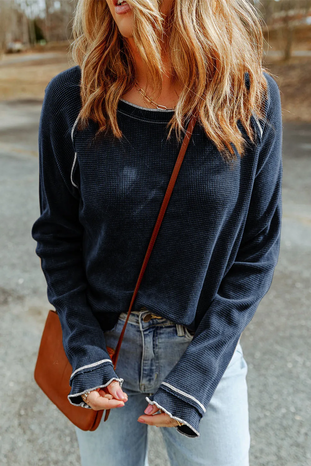 Exposed Seam Textured Pullover Long Sleeve Top
