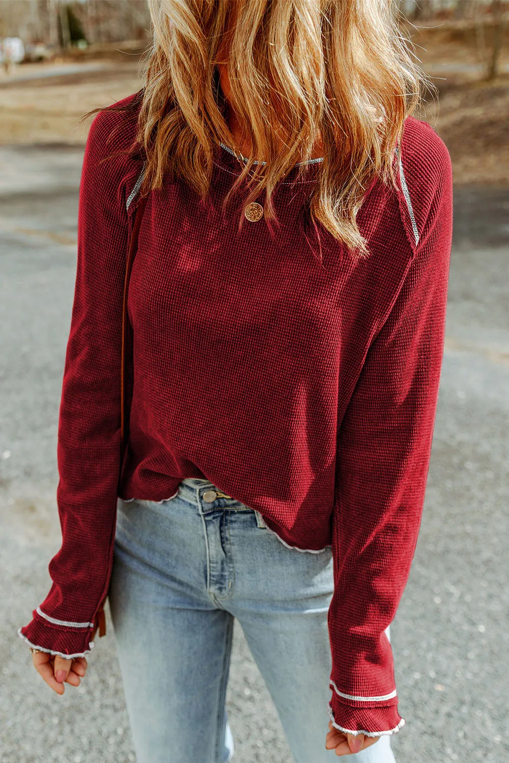 Exposed Seam Textured Pullover Long Sleeve Top