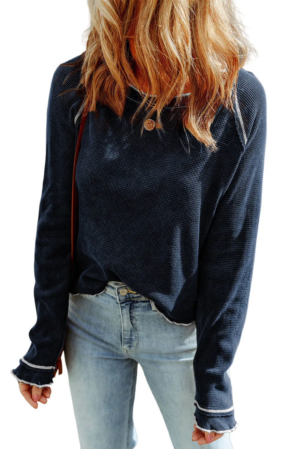 Exposed Seam Textured Pullover Long Sleeve Top