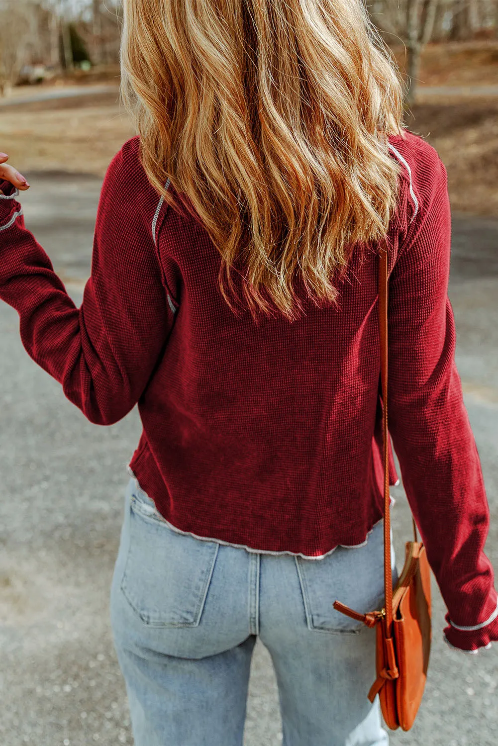 Exposed Seam Textured Pullover Long Sleeve Top