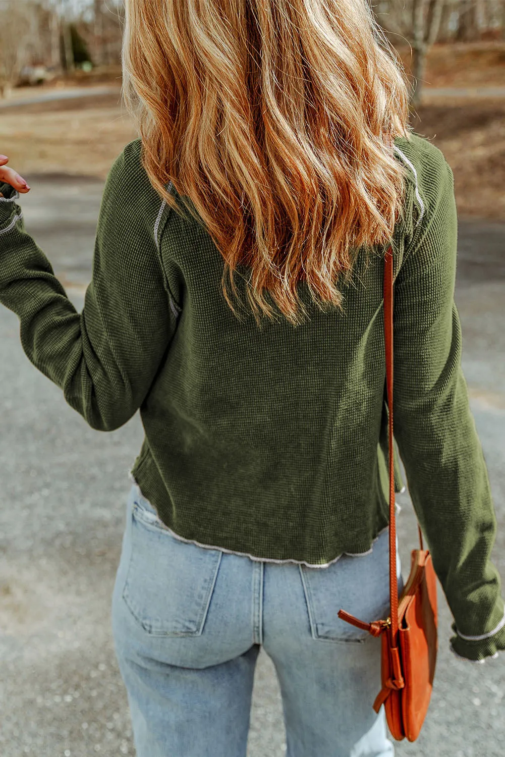 Exposed Seam Textured Pullover Long Sleeve Top