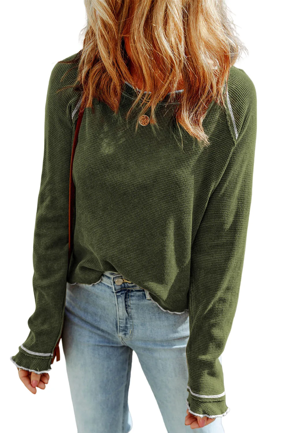 Exposed Seam Textured Pullover Long Sleeve Top