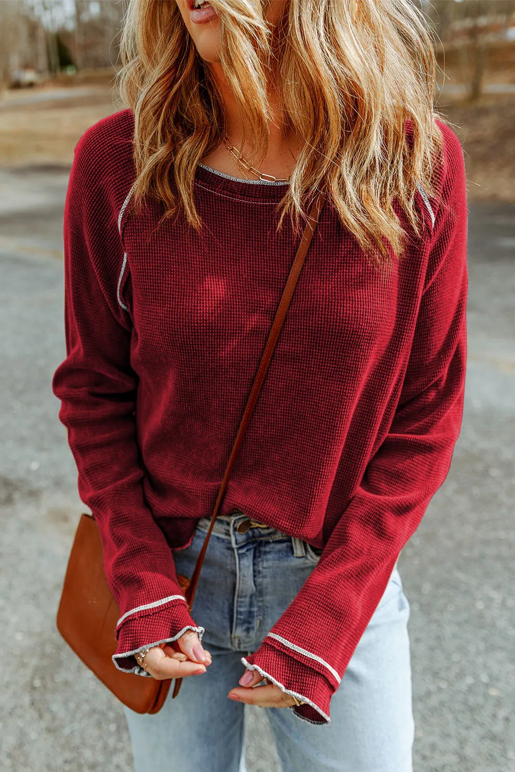 Exposed Seam Textured Pullover Long Sleeve Top