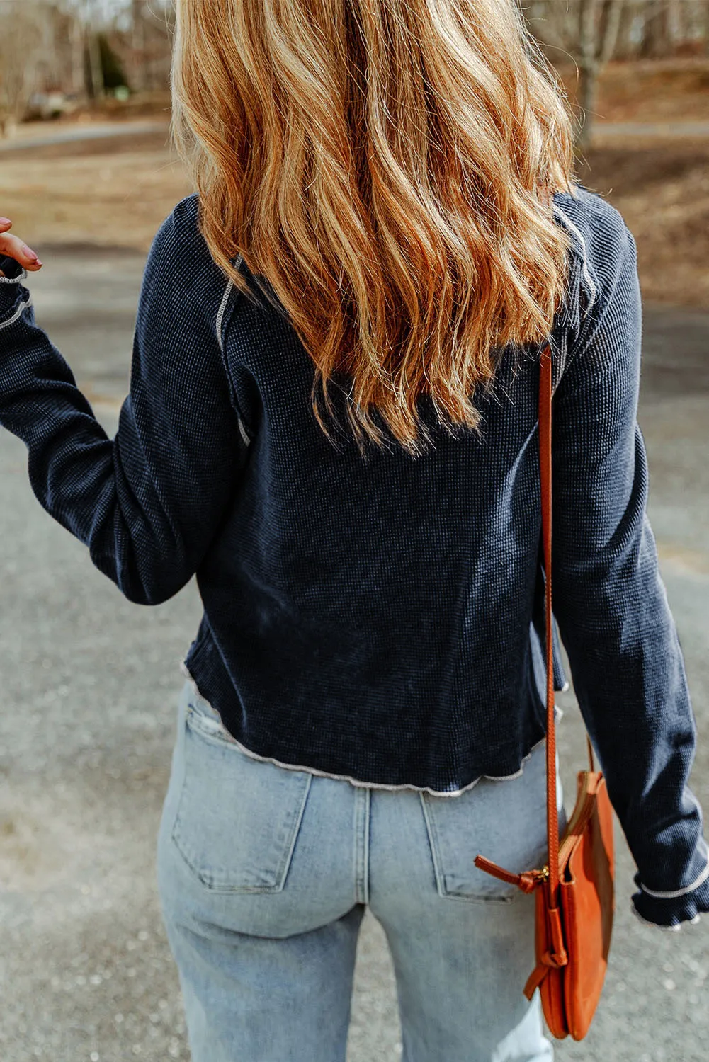 Exposed Seam Textured Pullover Long Sleeve Top