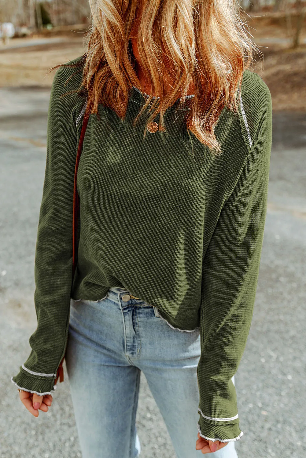 Exposed Seam Textured Pullover Long Sleeve Top