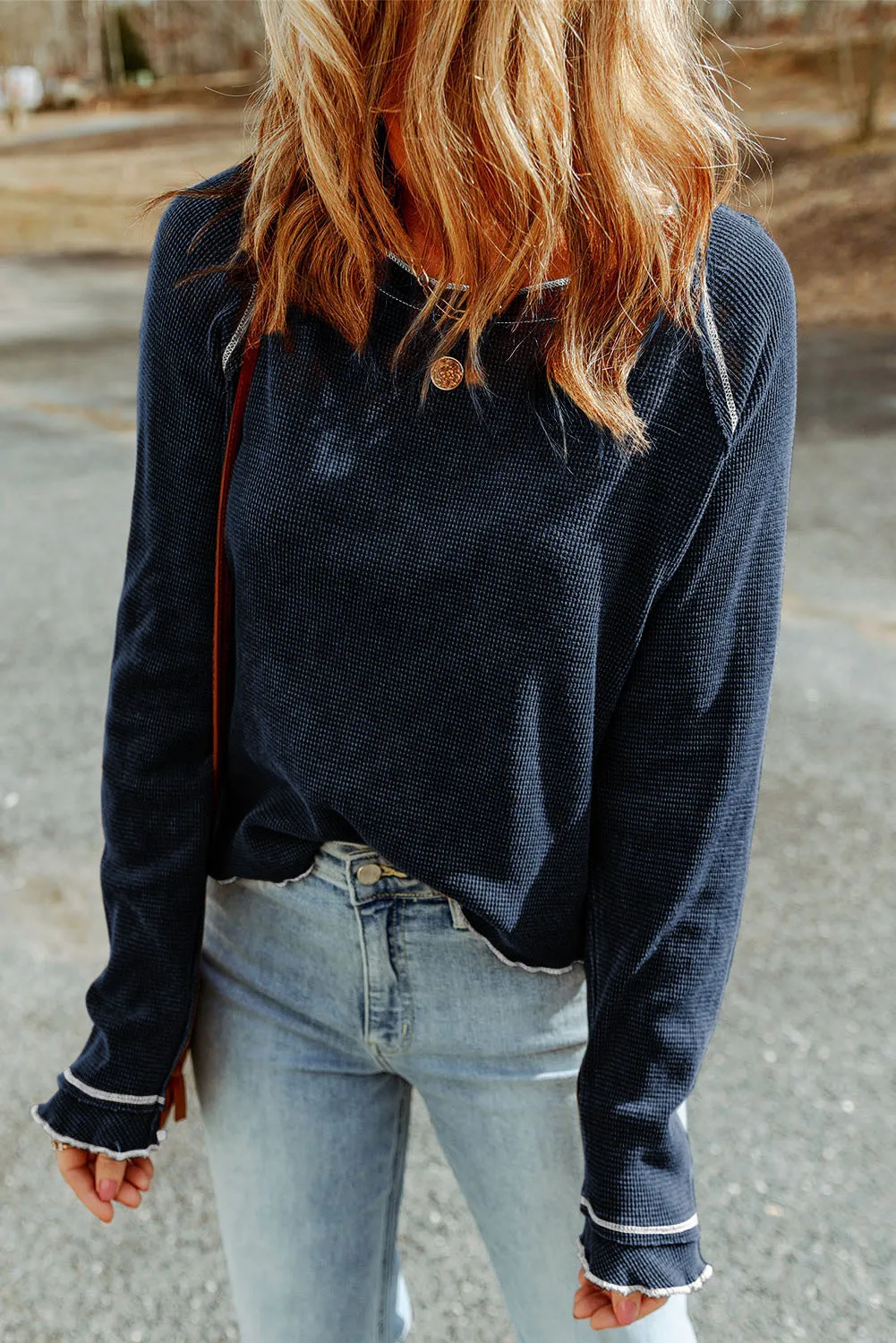 Exposed Seam Textured Pullover Long Sleeve Top