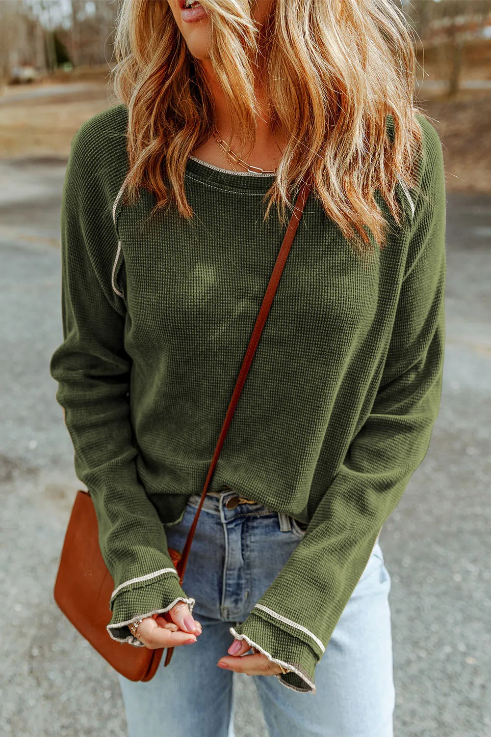 Exposed Seam Textured Pullover Long Sleeve Top