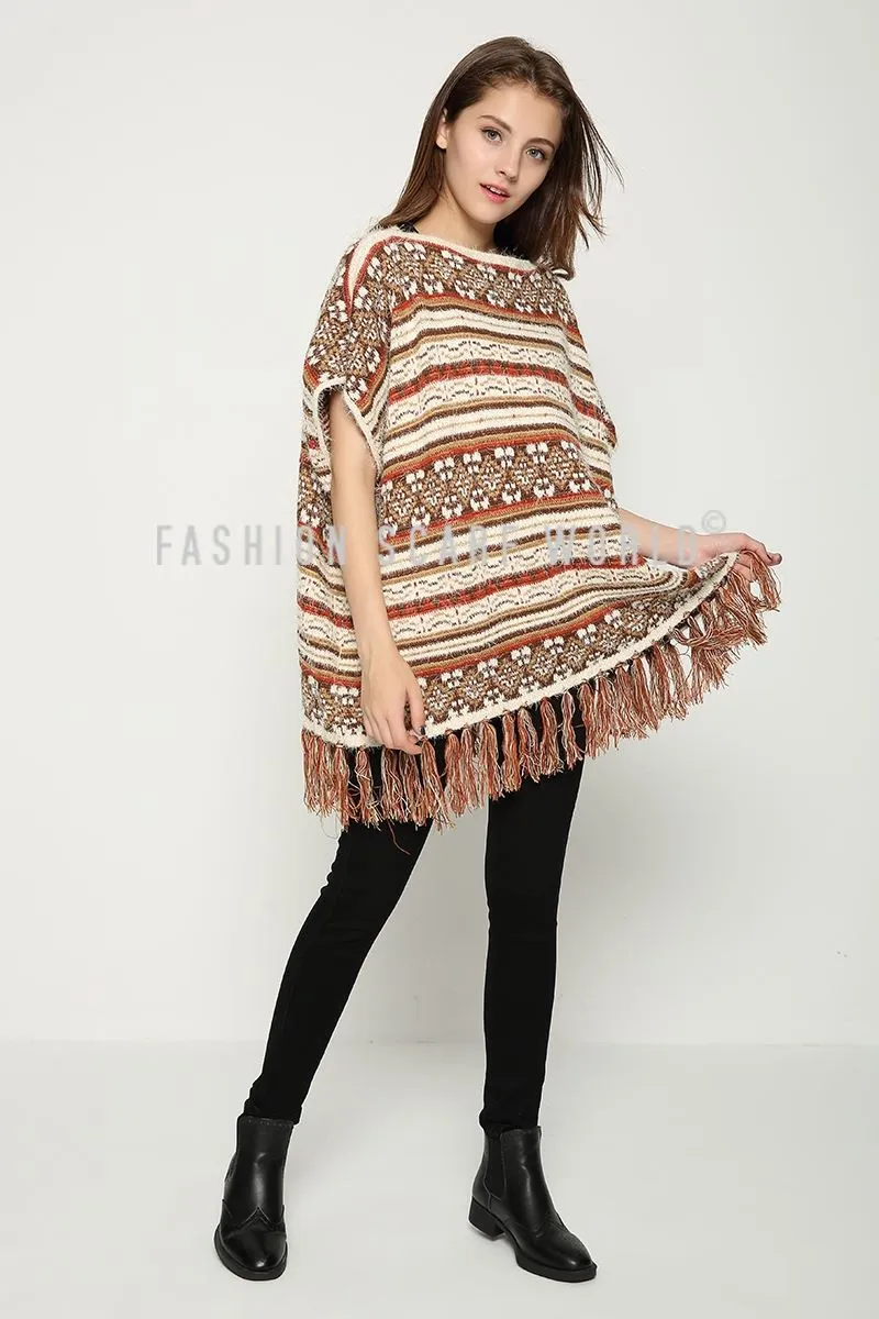 Eyelash Yarn Aztec Print Poncho