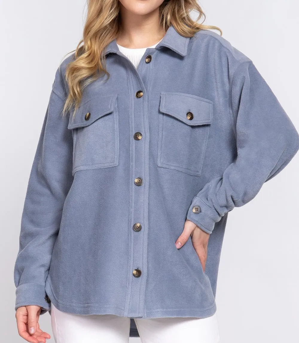 Fleece Shacket With Pockets (Blue) - SALE
