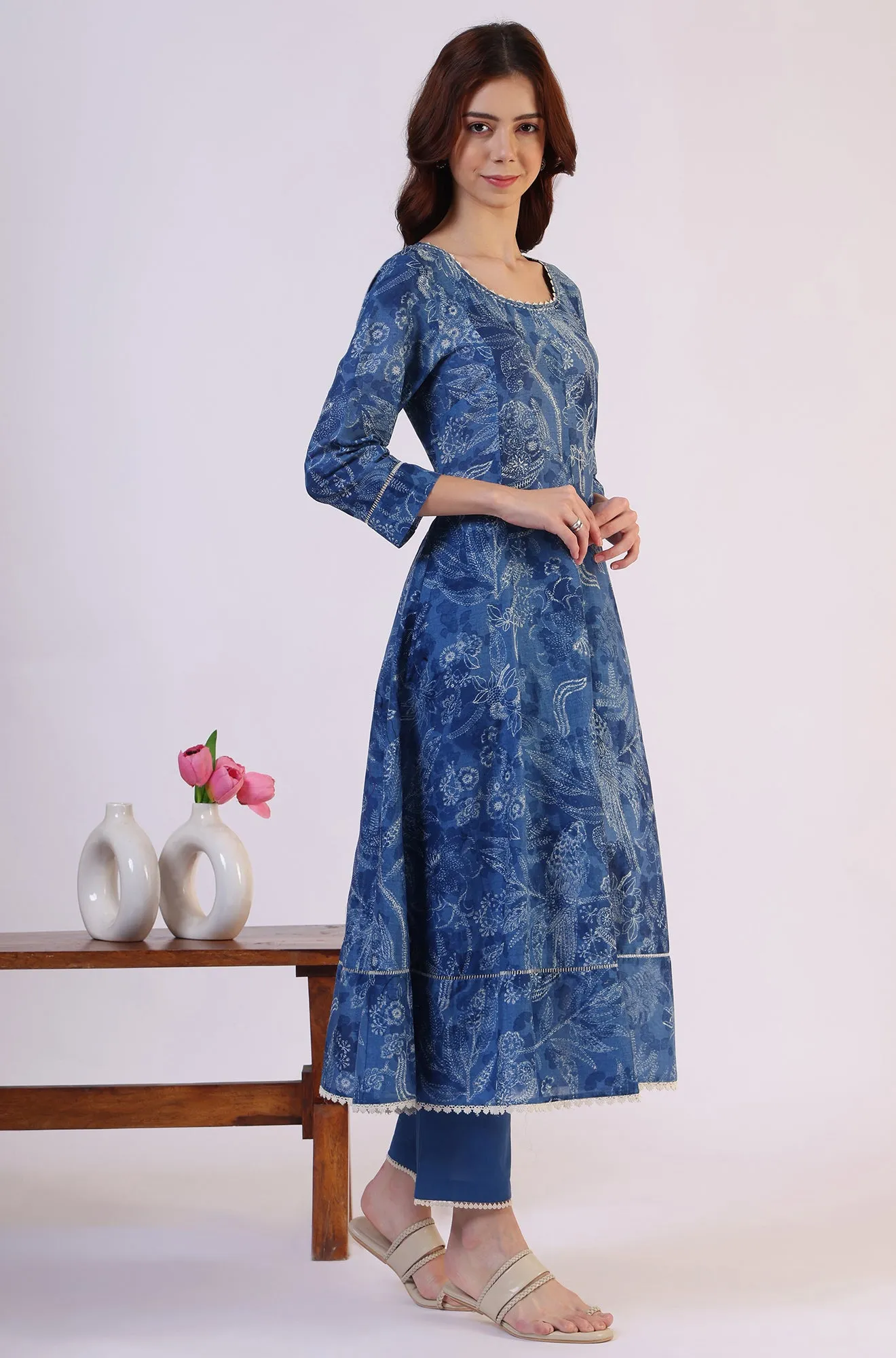 Floral Printed Thread Work Flared Pure Cotton Kurta & Flared Pants with Dupatta Set