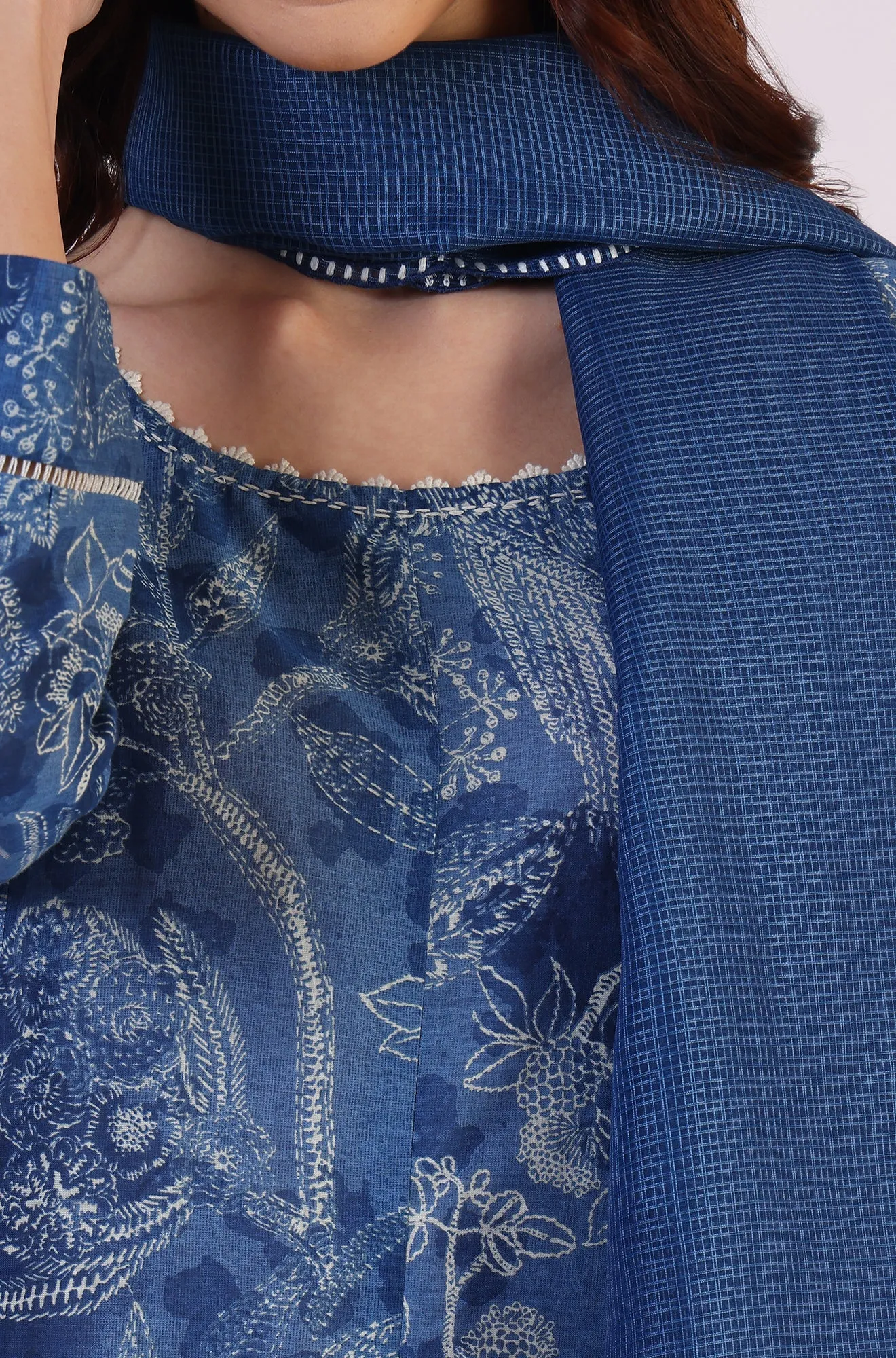Floral Printed Thread Work Flared Pure Cotton Kurta & Flared Pants with Dupatta Set