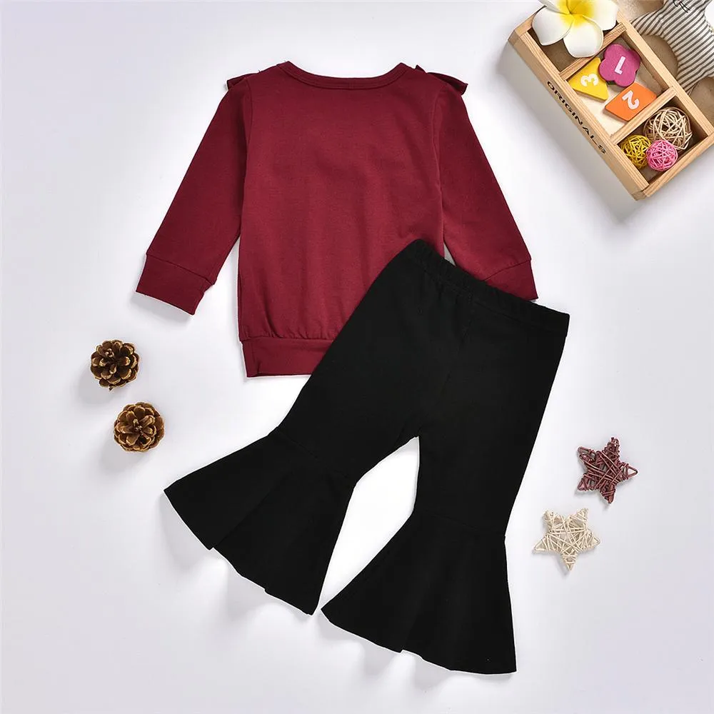 Girls Solid Ruffled Long Sleeve Top & Flare Pants Toddler Girls Wholesale