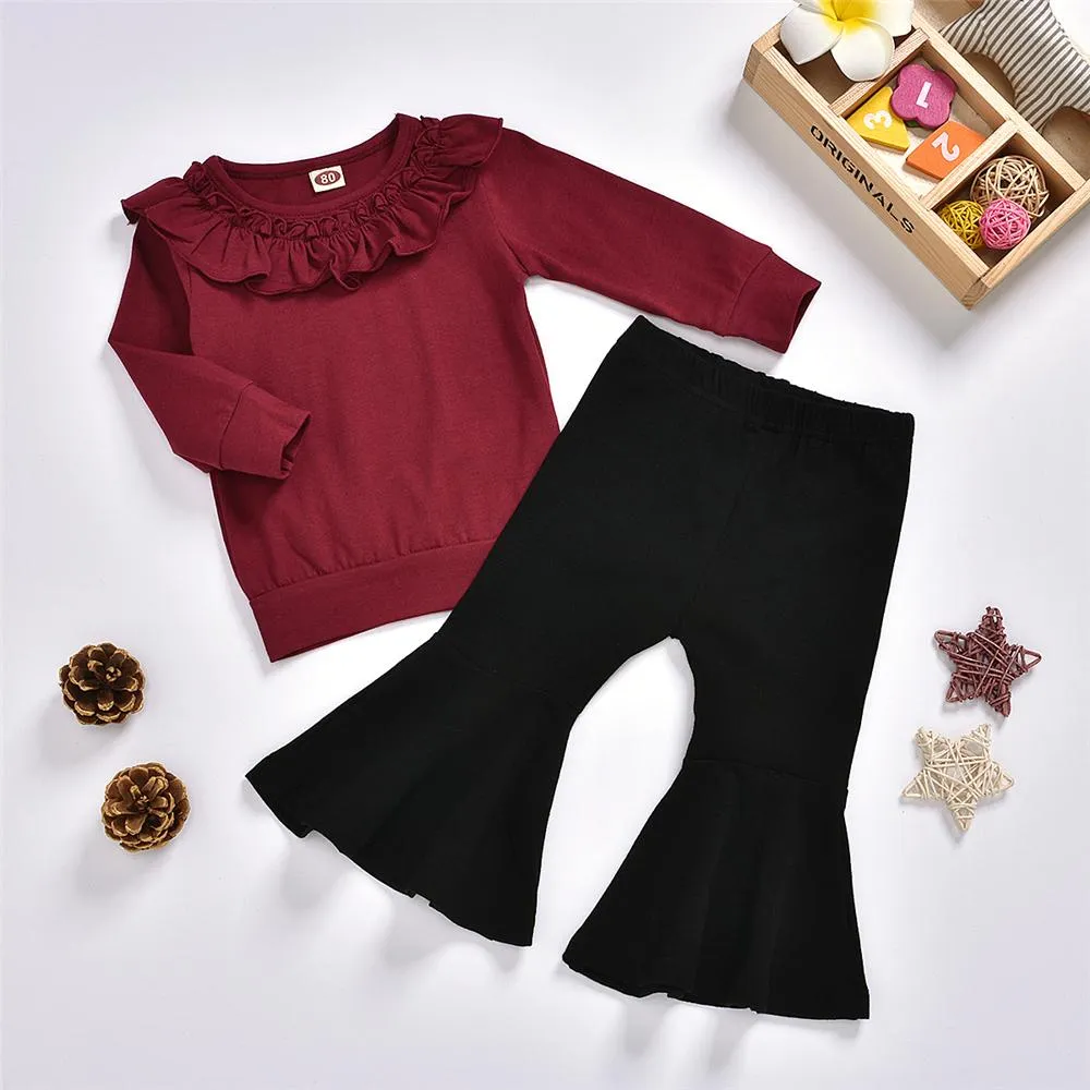 Girls Solid Ruffled Long Sleeve Top & Flare Pants Toddler Girls Wholesale