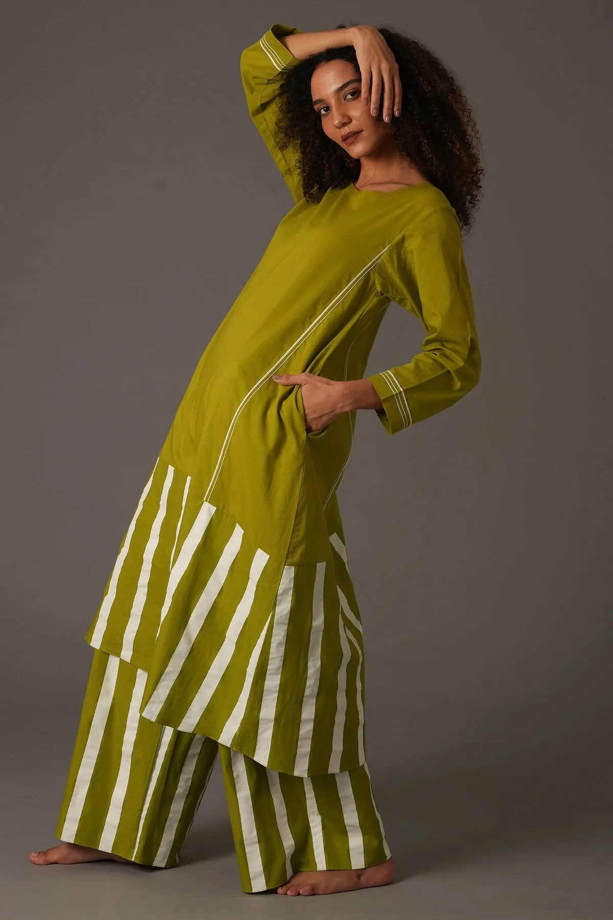 Green Stripes Flared Kurta Set